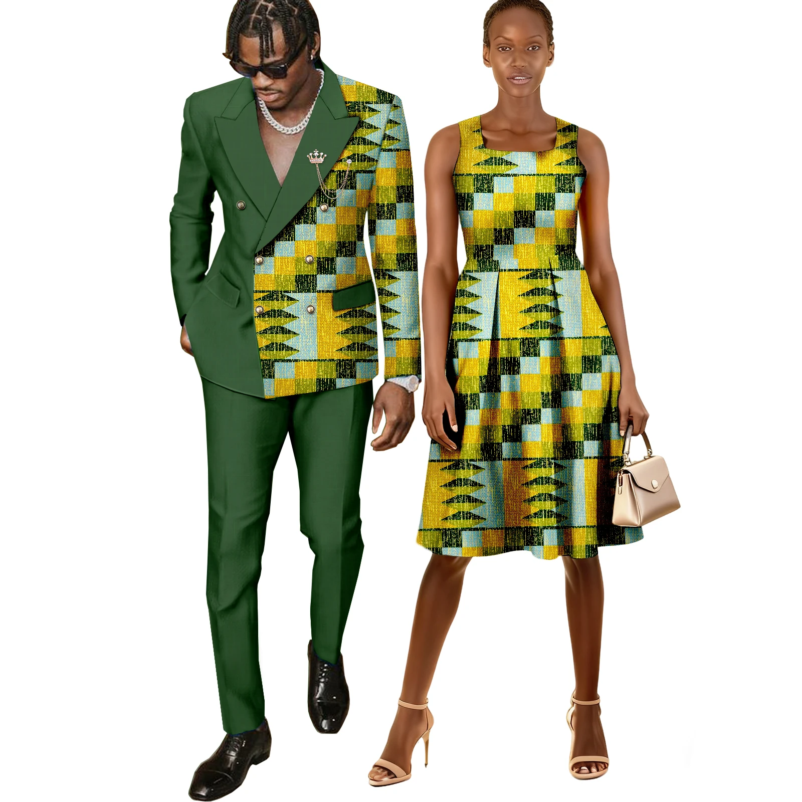 

African Couple's Outfit Matching Set Women Ankara Formal Turkey Dress Kente Print Cloth or Men Dashiki Outfit Jacket and Pants