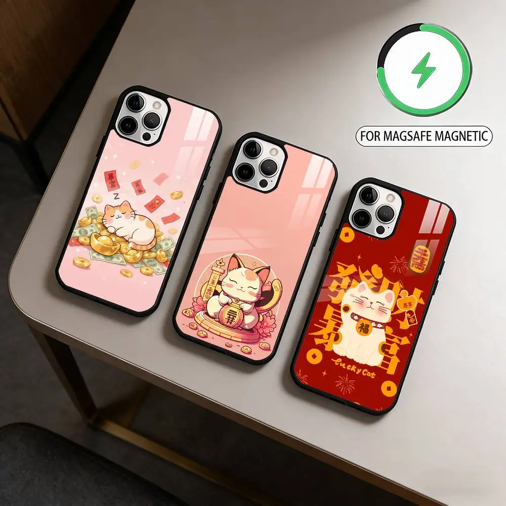 

C-Cartoon Lucky Cat Phone Case For iPhone17,16,15,14,13,12,11 Plus,Pro Max Magnetic For Magsafe Wireless Charging