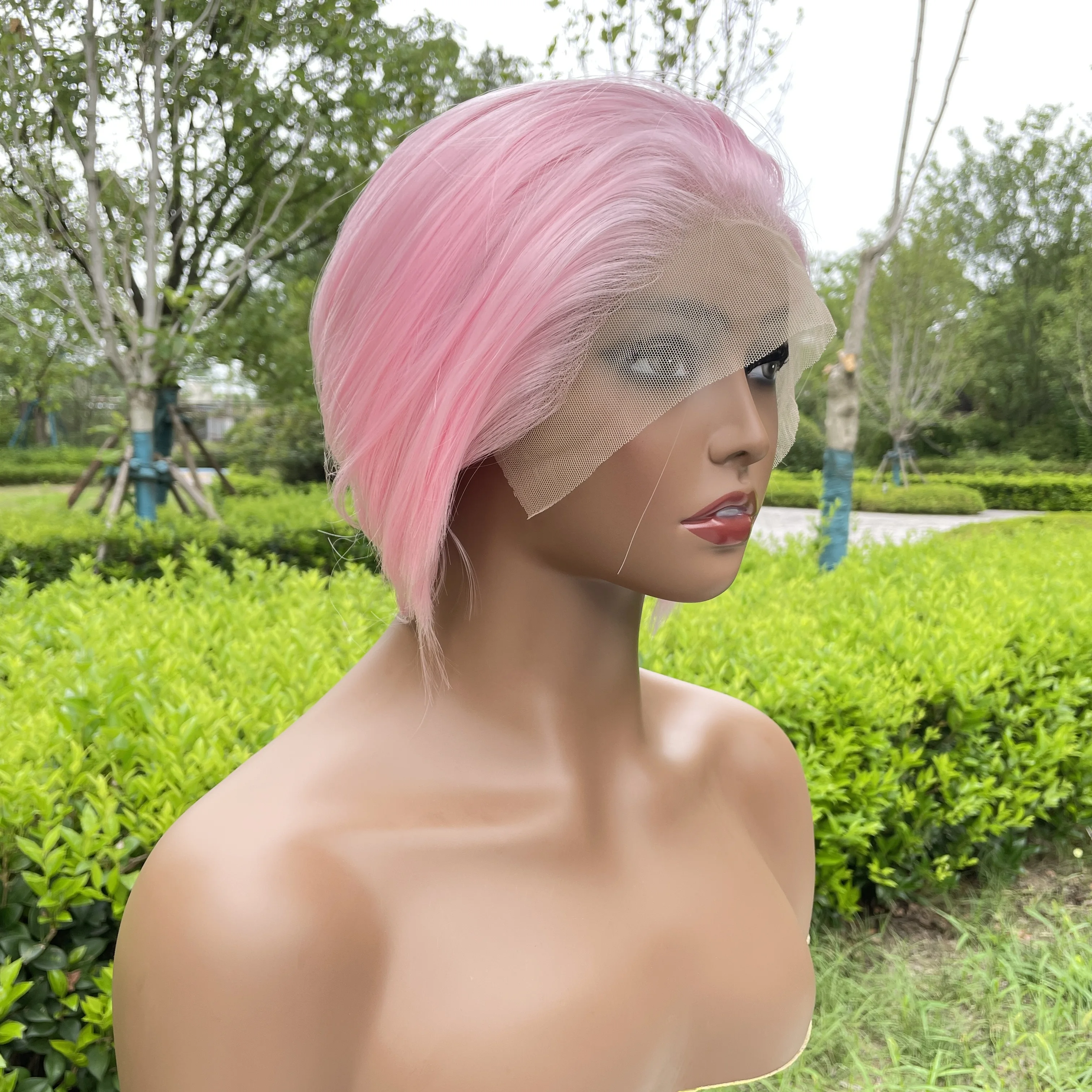 

Светло-розовый парик для косплея, 6 дюймов, короткий боб, стрижка 13x4, синтетический парик спереди для мужчин и женщин, термостойкий, полувязанный вручную