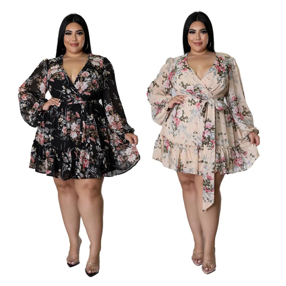 Wmstar Dresses Women Plus Size 5xl Sexy Party Flower Print Mini Dress Loose Elegant Casual Outfits 2022 Wholesale Dropshipping