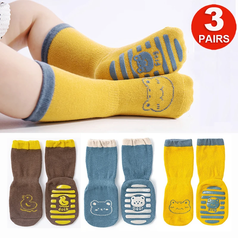 3PAIRS Baby Boys Girls Non Slip Pure Cotton Socks Cute Cartoon Animals Toddlers Grip Floor Walking Long Socks Stocking