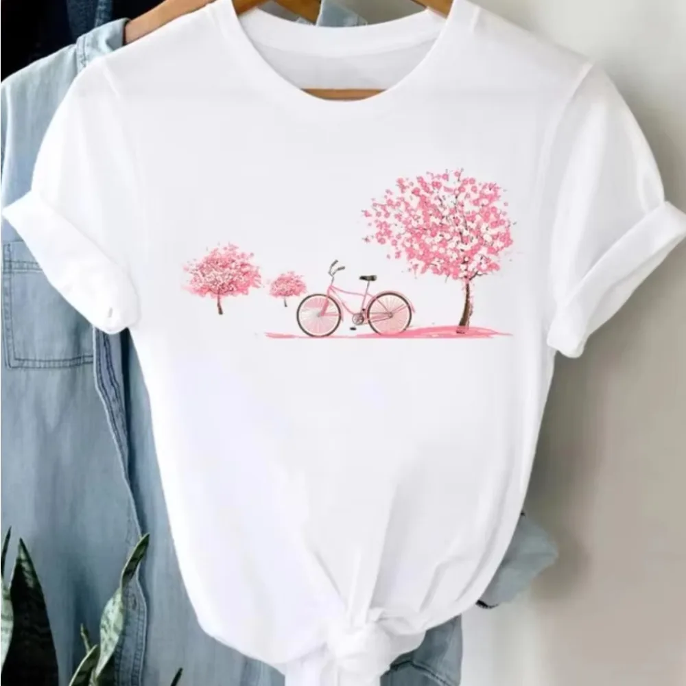 New Bicycle Flower Love Retro Loose Simple Cute Half Sleeve Short Sleeve T-shirt Woman Summer fashion polyester fabric