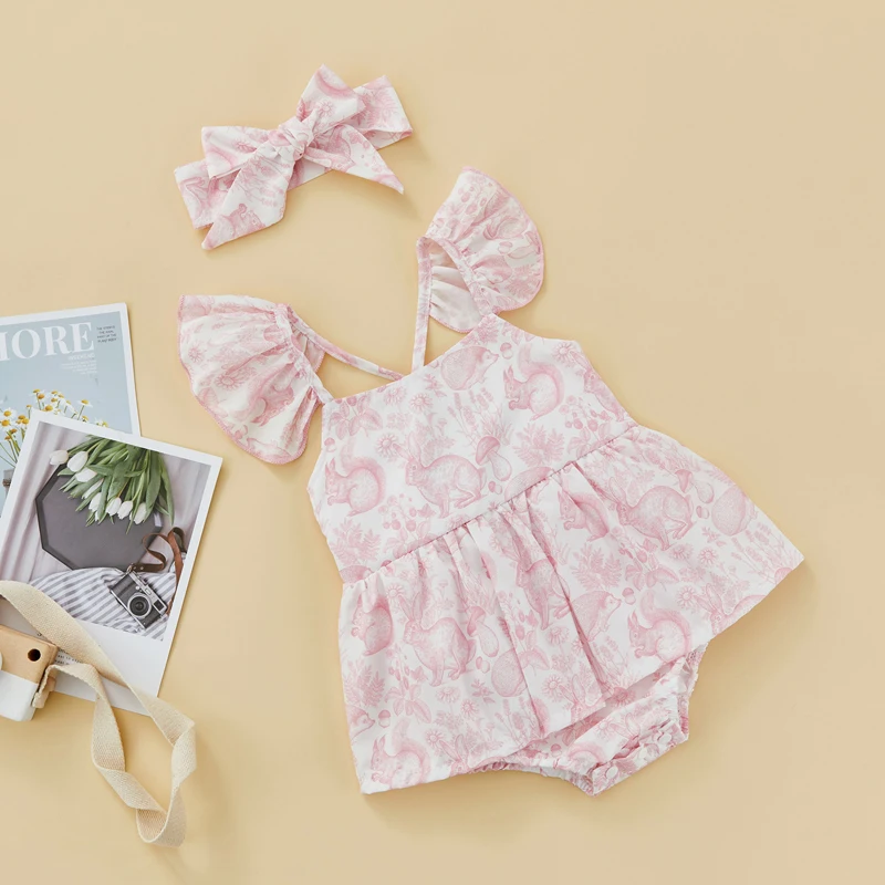 Adorable Baby Girl Romper with Sweet Bunny Print and Stylish Ruffle Hem Perfect for Summer Playdates and Parties