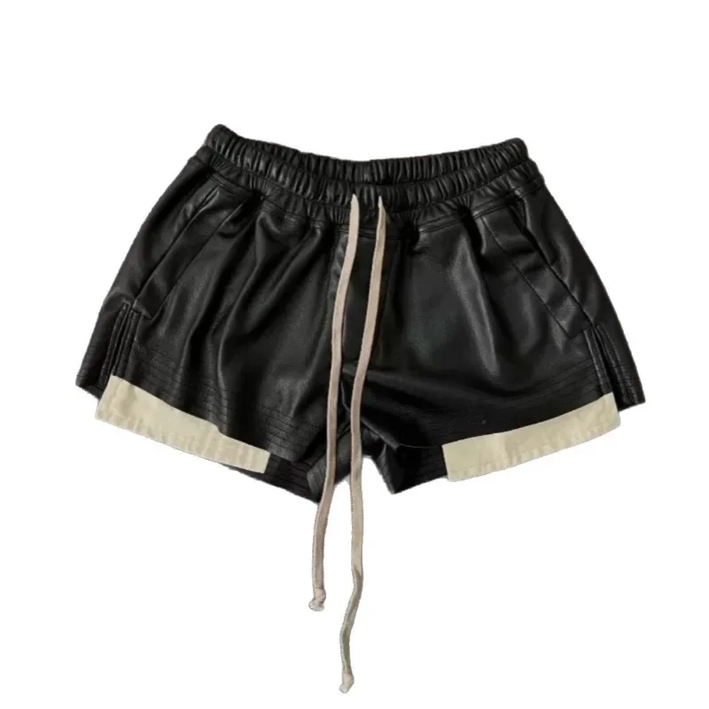 Summer Women's PU Leather Shorts Dark Retro Side Split Color Block Elastic Waisted Drawstring Hot Shorts Female Clothing