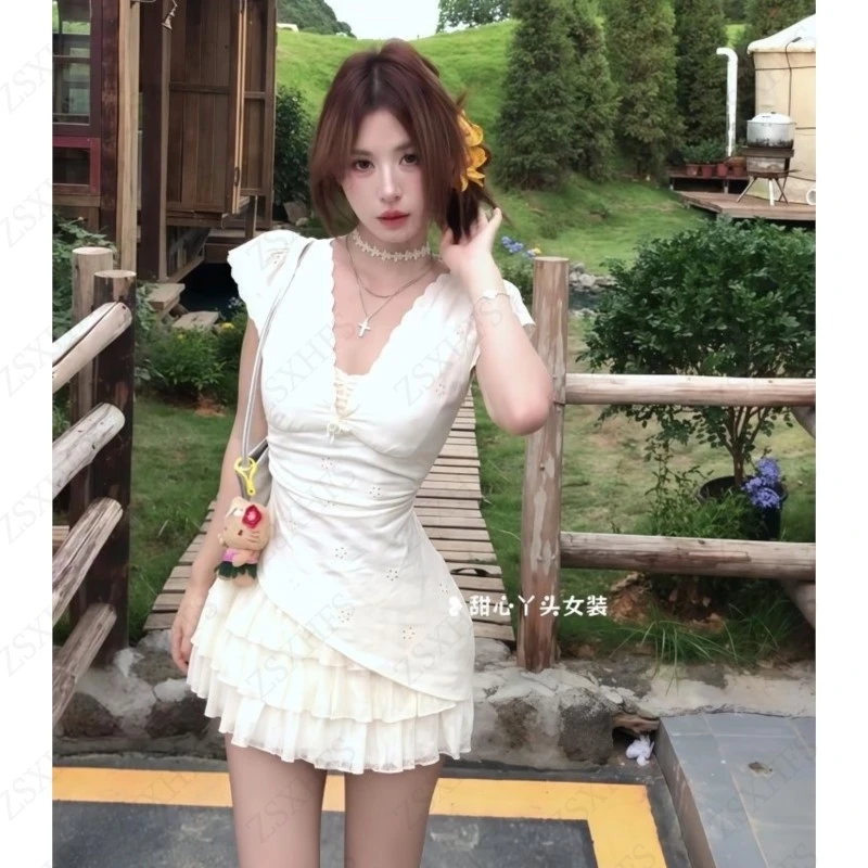 Vestido sexy suave subcultura 2000s verão coreia harajuku estética femme roupas femininas cintura fina renda vestido em camadas