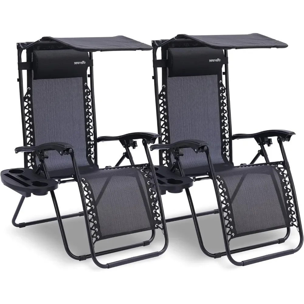 

Chairs Set of 2, Chairs with Adjustable Canopy, with Detachable Cup Holder Tray, Foldable Outdoor Chair with Removable Pillows