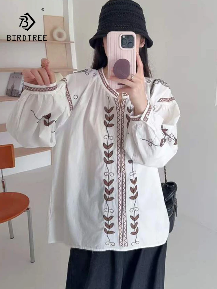 

Новая женская хлопковая рубашка с длинным рукавом, весна 2026, с V-образным вырезом и вышивкой в виде листьев, в японском стиле Mori Girl, универсальная свободная блузка T61846CC