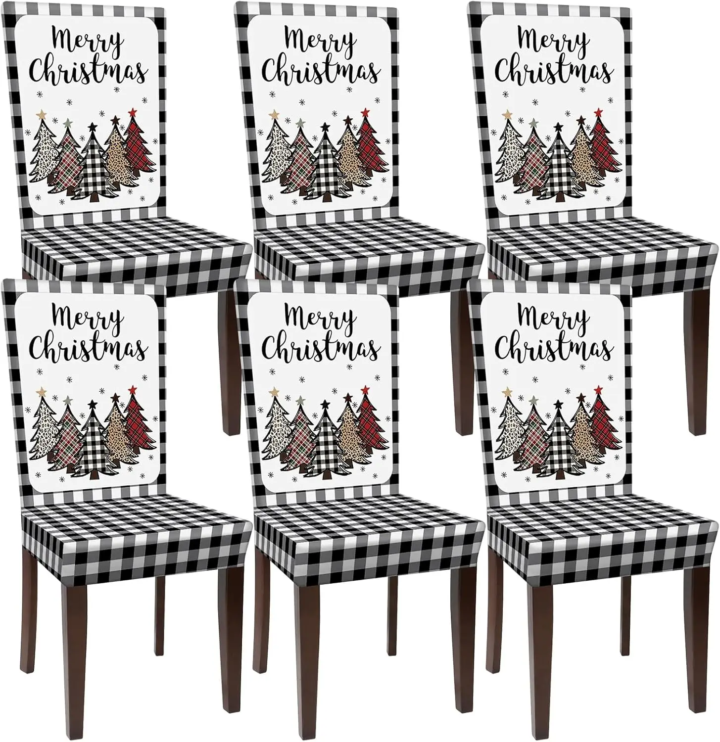 

6 Pcs Christmas Dining Chair Covers Buff Plaid Tree Stretch Removable Washable Slipcover Chair Protector For Christmas Dining