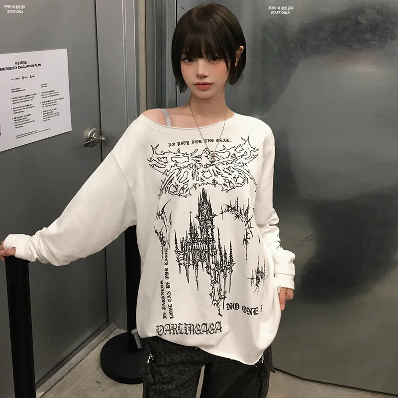 

HOUZHOU Y2K Off Shoulder Hoodie Women Streetwear Gothic Harajuku White Graffiti Print Loose Casual Korean Oversize Pullovers