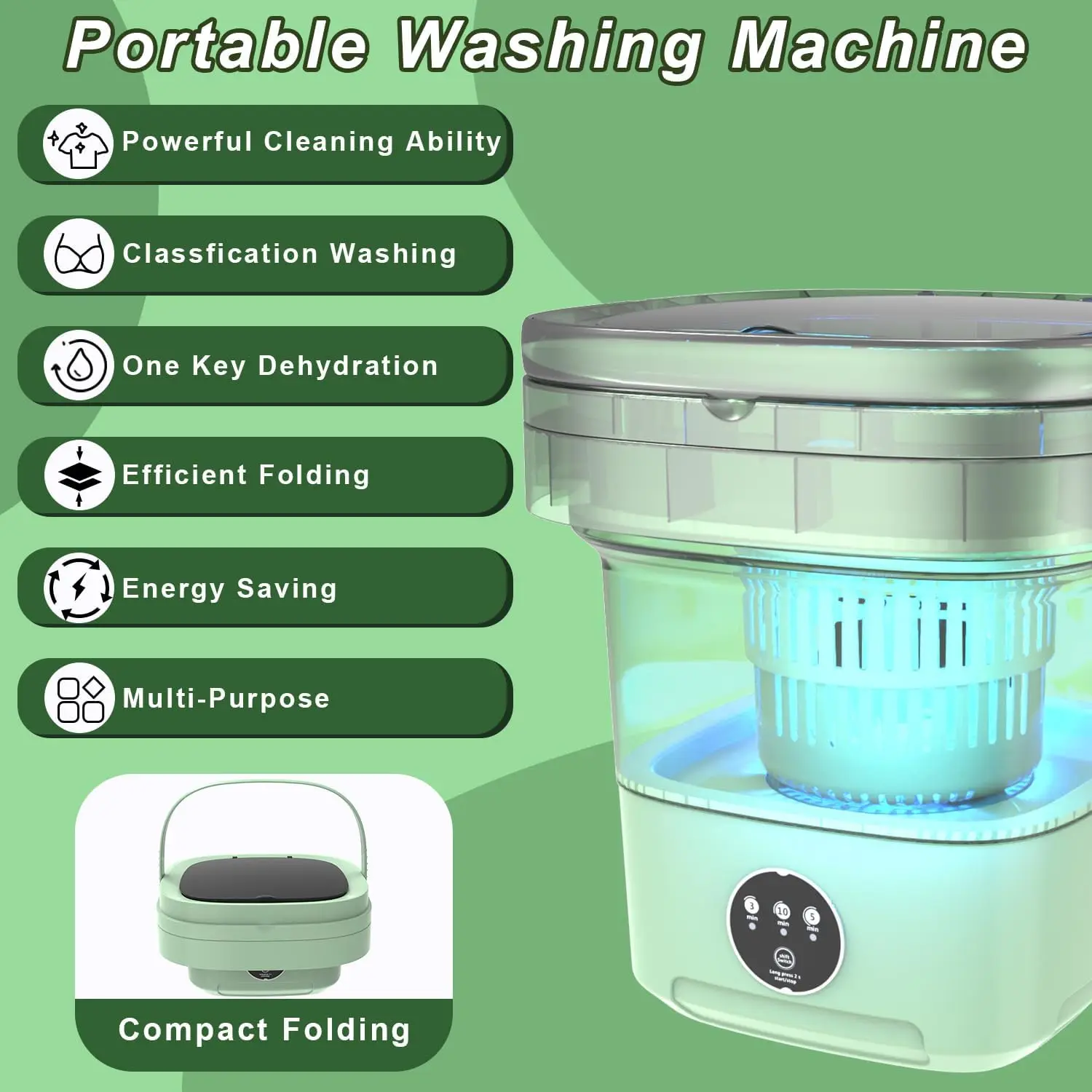 Portable Washing Machine, 11L Large Capacity, Foldable  Washing Machine with Spin Dryer,Small Collapsible Laundry Washer for Apa