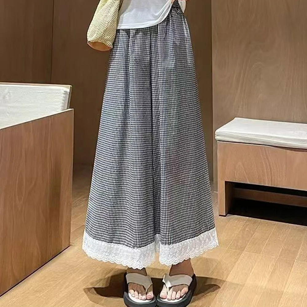 Fashion drape plaid lace splicing wide-leg pants women's summer 2025 new high-waisted loose drape casual pants