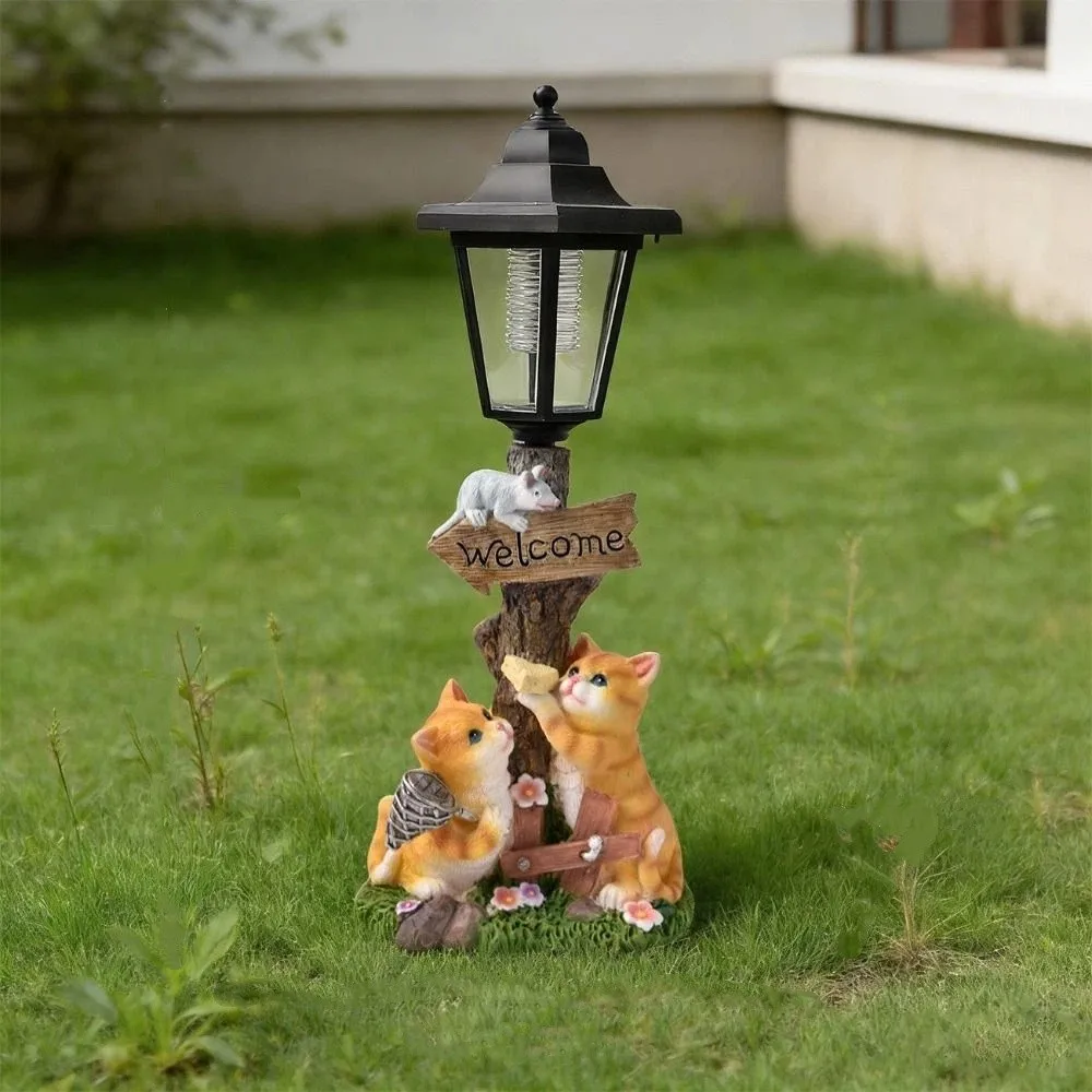 Dual-Use Flowerpot Solar Cat Statue Solid Material Warm LED Light Outdoor Figurine Light Hand-Painted Resin Weather Resistant