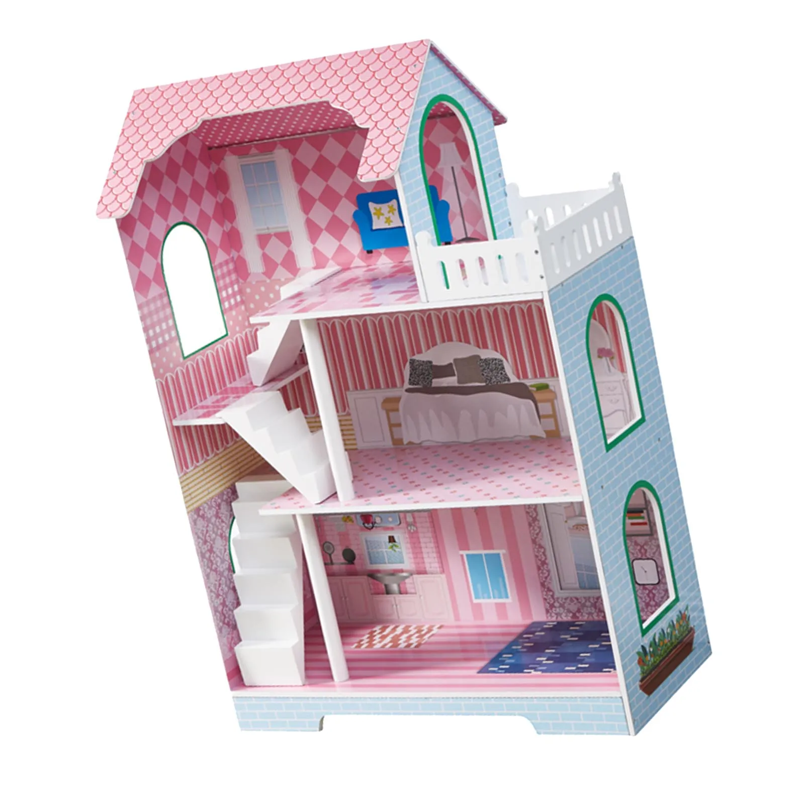 بيت دمية صغير مكون من 3 طبقات، بيت لعب للأطفال مع نافذة سقف وأثاث ألعاب خشبية لعيد الميلاد