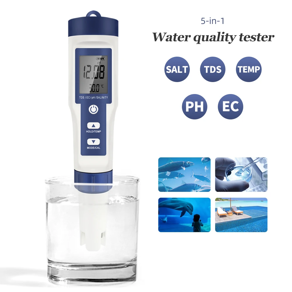 

5 In 1 Digital PH TDS EC Meter Pen Salinity Temperature Tester Conductivity Filter Purity with Backlight for Aquarium Water