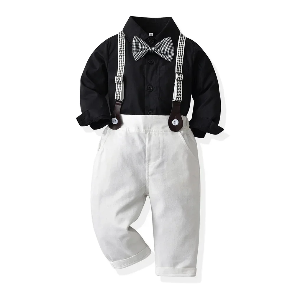 70-130cm Boy\'s Shirt-pant Set Black And White 2024 Autumn New Cotton Long-sleeved Shirt,Strap Pants Boy\'s Autumn Clothing