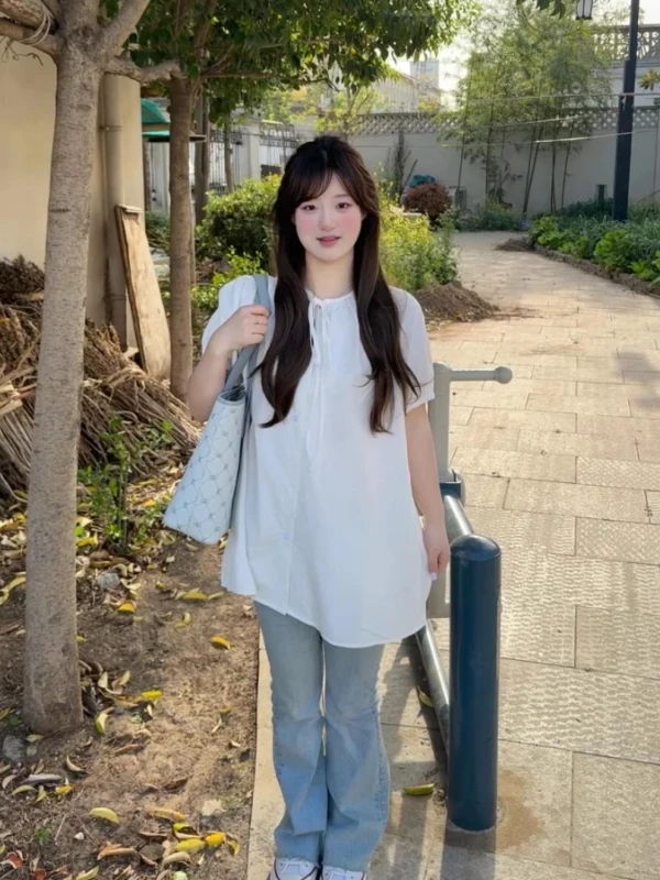 Blusa Solta Feminina Coreana Estilo Doce, Tamanho Grande, Casual de Verão, Versátil, com Cinto, para o Dia a Dia