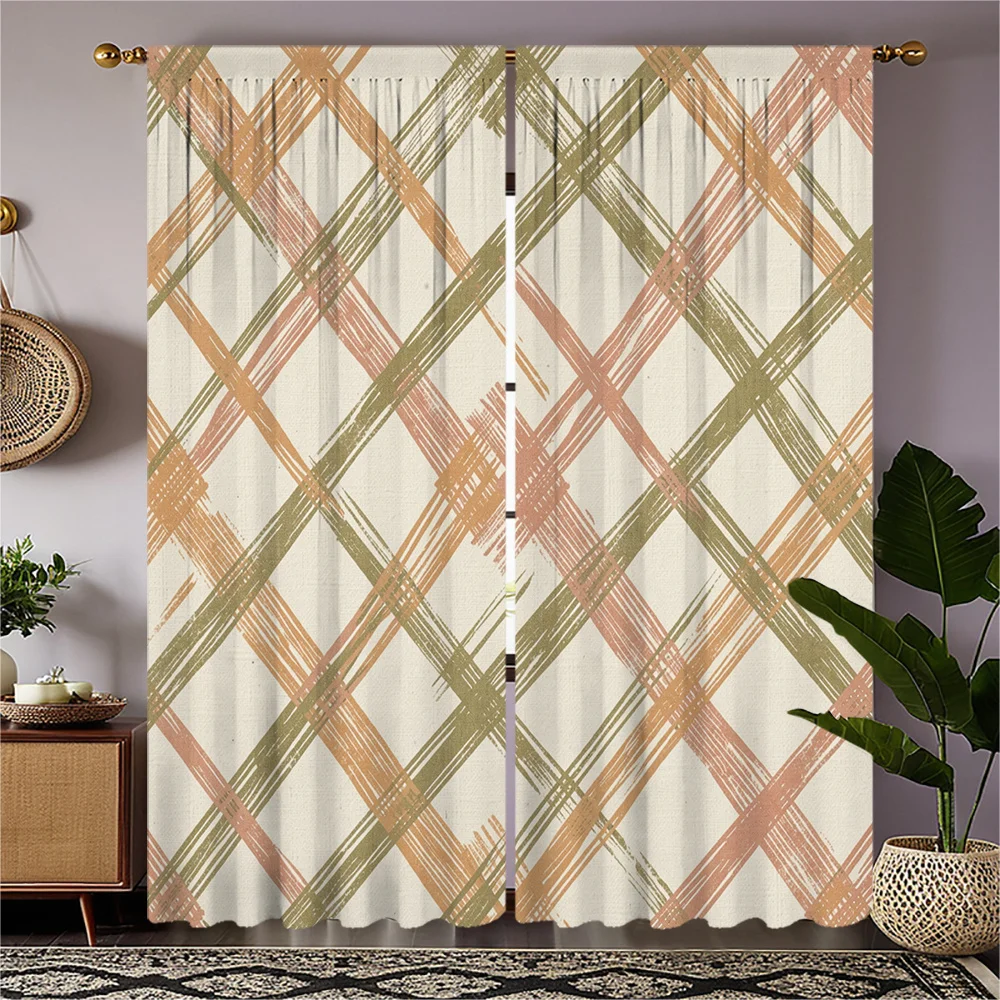 Modern Plaid Living Room Curtains Beige Green Pink Striped Geometric Window Drapes Pair Accent Home Decor Window Treatment