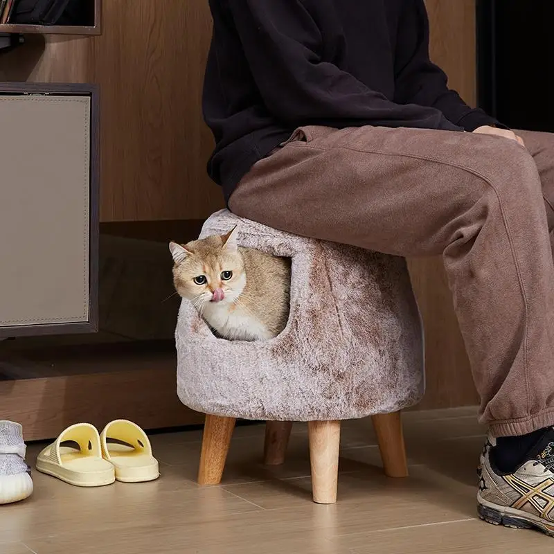 เก้าอี้ไม้เนื้อแข็งสำหรับแมว ใช้เป็นที่นอนและเฟอร์นิเจอร์ที่ใช้ร่วมกันได้ทั้งคนและแมว บ้านแมวสำหรับฤดูร้อน เก้าอี้เปลี่ยนรองเท้า โต๊ะข้างเตียง