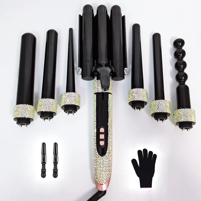 New hot sale curling wand set 7 in 1 curling iron bling crystal professional hair curler with hair clips