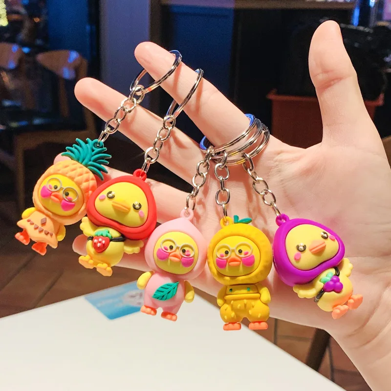 Llavero con colgante de pato y fruta de dibujos animados, Mini muñeco de silicona amarillo, Lalafanfan, pato, Animal, figura de acción, bolsas, decoración, regalo de cumpleaños