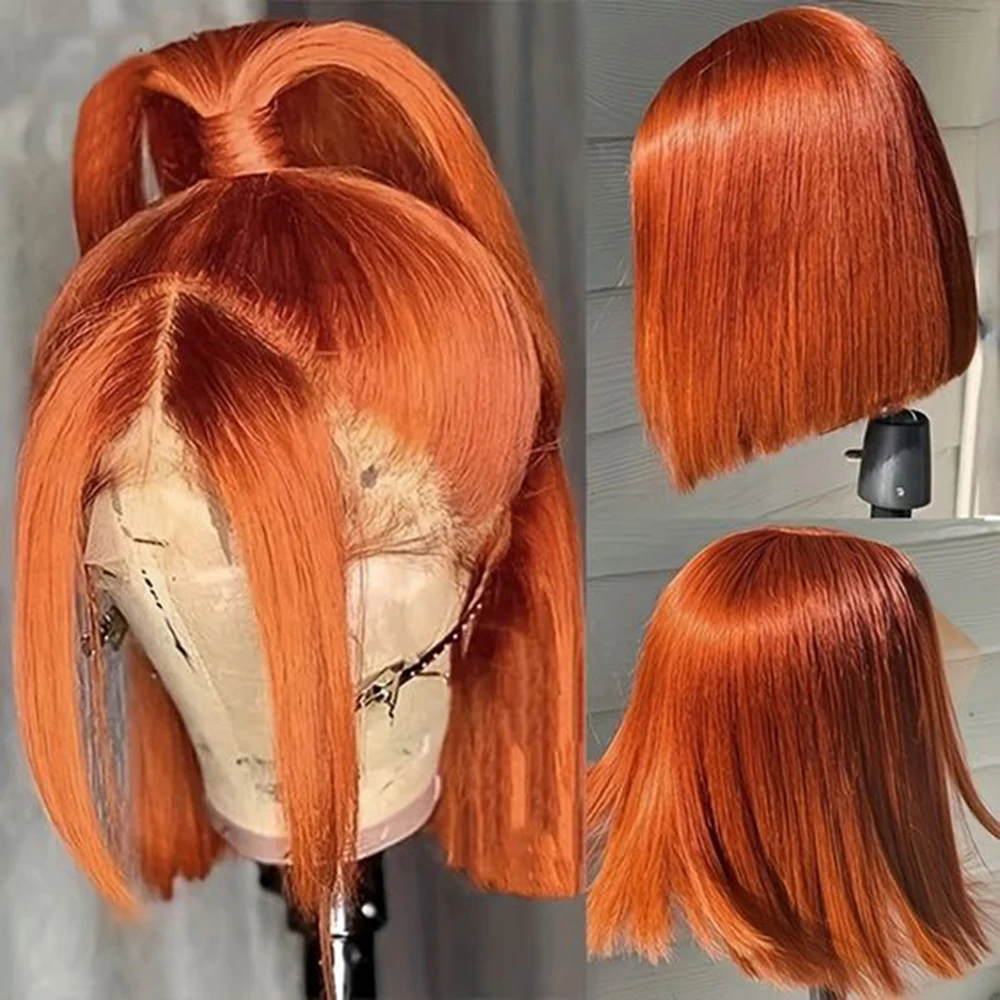 Peruca de cabelo humano brasileira para mulheres, gengibre laranja, laço em T reto, ombre colorido, perucas de cabelo remy, 180%