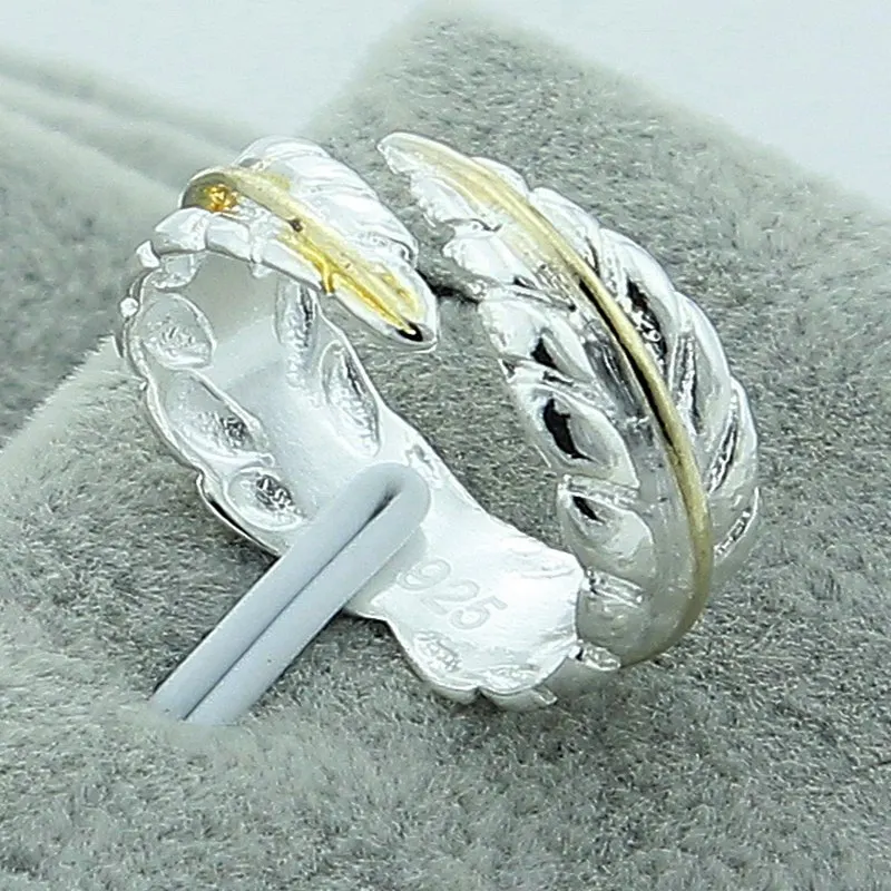 Fine 925 Sterling Silver Gold Feather Open Ring For Women Luxury Creative Jewelry Accessories Engagement Wedding Birthday Party