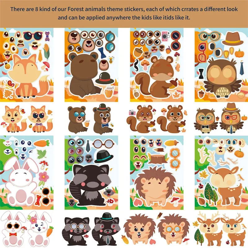 6-24sheets DIY Your Own Animal Make a Face Stickers Cute Cartoon Squirrel Owl Rabbit Bear Puzzle Jigsaw Kids Children Party Toys