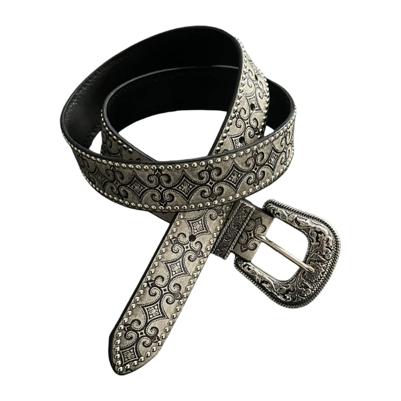 652B Classical Retro Belt Feature Western Charm Design Rivets Decoration PU Leather