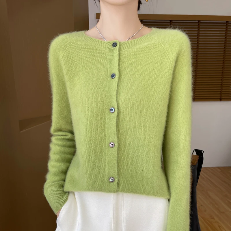 Spring Autumn New Cashmere Sweater 100% Merino Wool Knitted Cardigan Round Neck Long Sleeve Solid Color Coat Top Casual Fashion