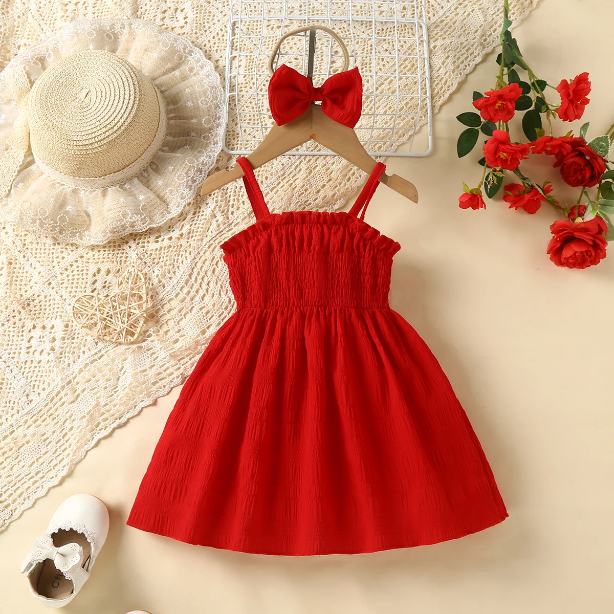 2Pcs Baby Girl Summer Suspenders Dress Red Ruffled and Bow Suitable for 0-3 Year Old Baby Girl Vacation Casual Style Dress