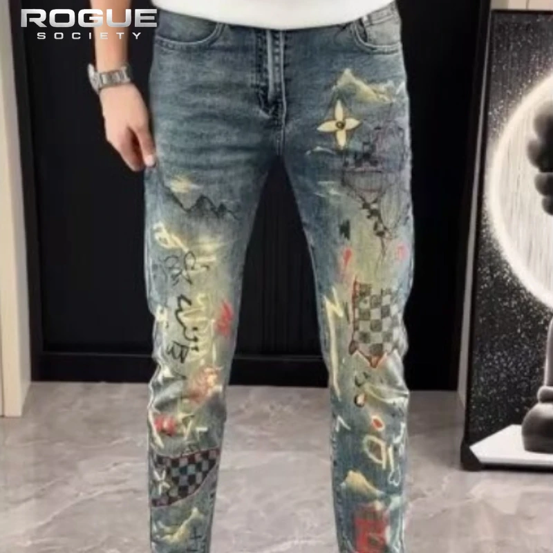 

Summer Graffiti Print Slim Jeans Men Y2K Checkerboard Pattern Streetwear Denim Pants Korean Harajuku Highstreet Unisex Trousers