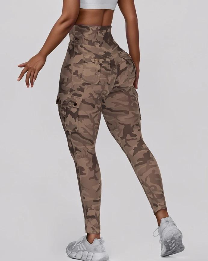 Casual camouflageprint gymlegging dames hoge taille skinny knooplegging met zak hoge taille push-up sport cargobroek