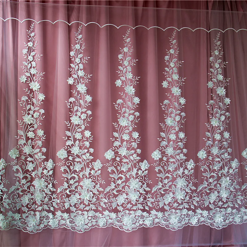 

Высококачественная кружевная ткань с бусинами, 1 ярда, белая цветочная вышивка, утолщенная вышивка, материал ткани для пэчворка