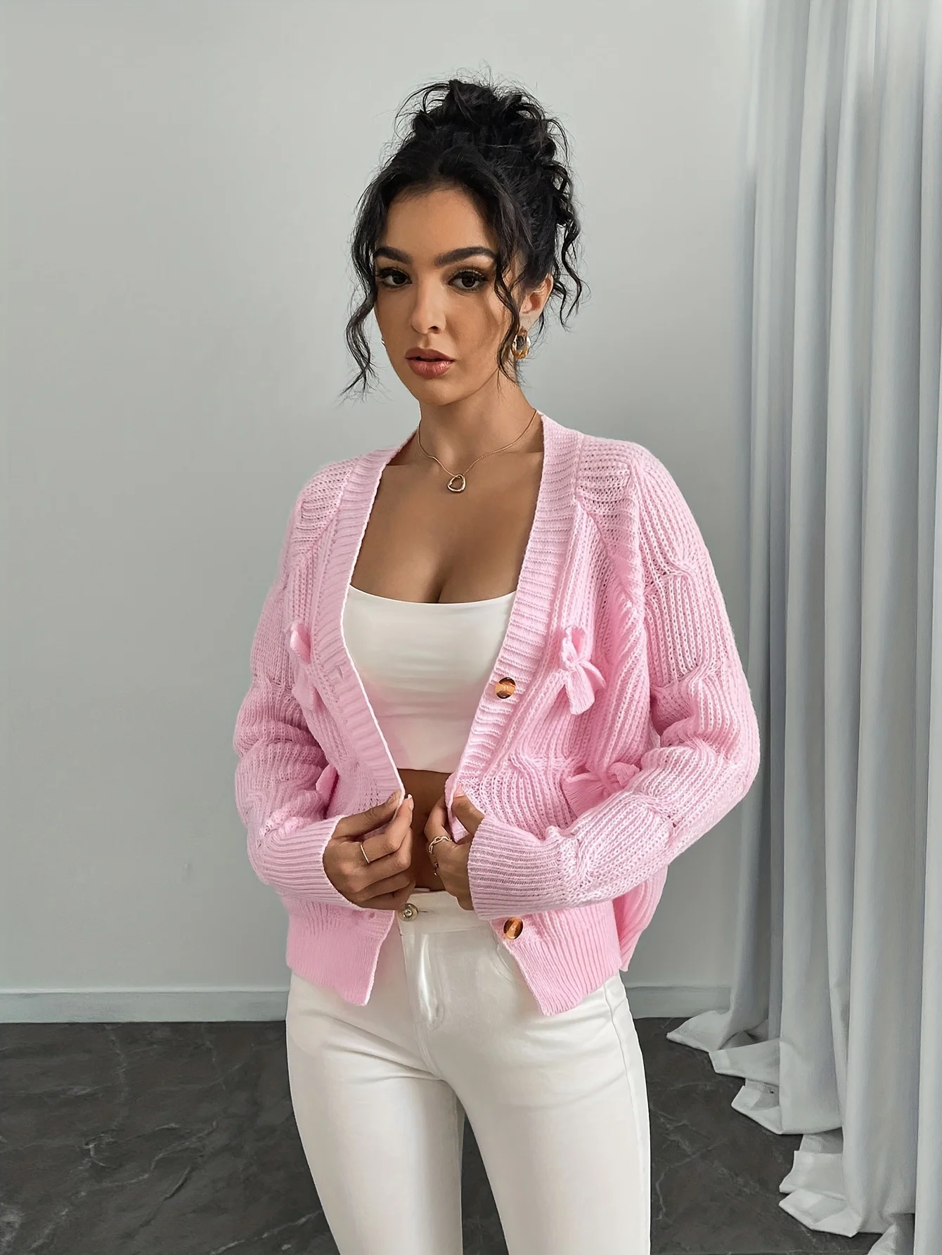 Sweter Wanita Fashion Baru Musim Gugur dan Musim Dingin Jaket Kardigan Rajut Pita Lengan Panjang Warna Solid Pakaian Wanita Atasan