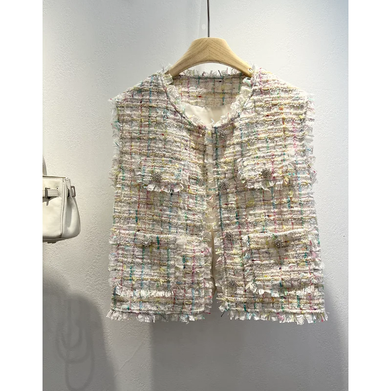 Sweet Fashion Plaid Small Fragrance Tassel Vest Coat French High Quality Multi-pocket Sleeveless Tweed Vest Coat Woman