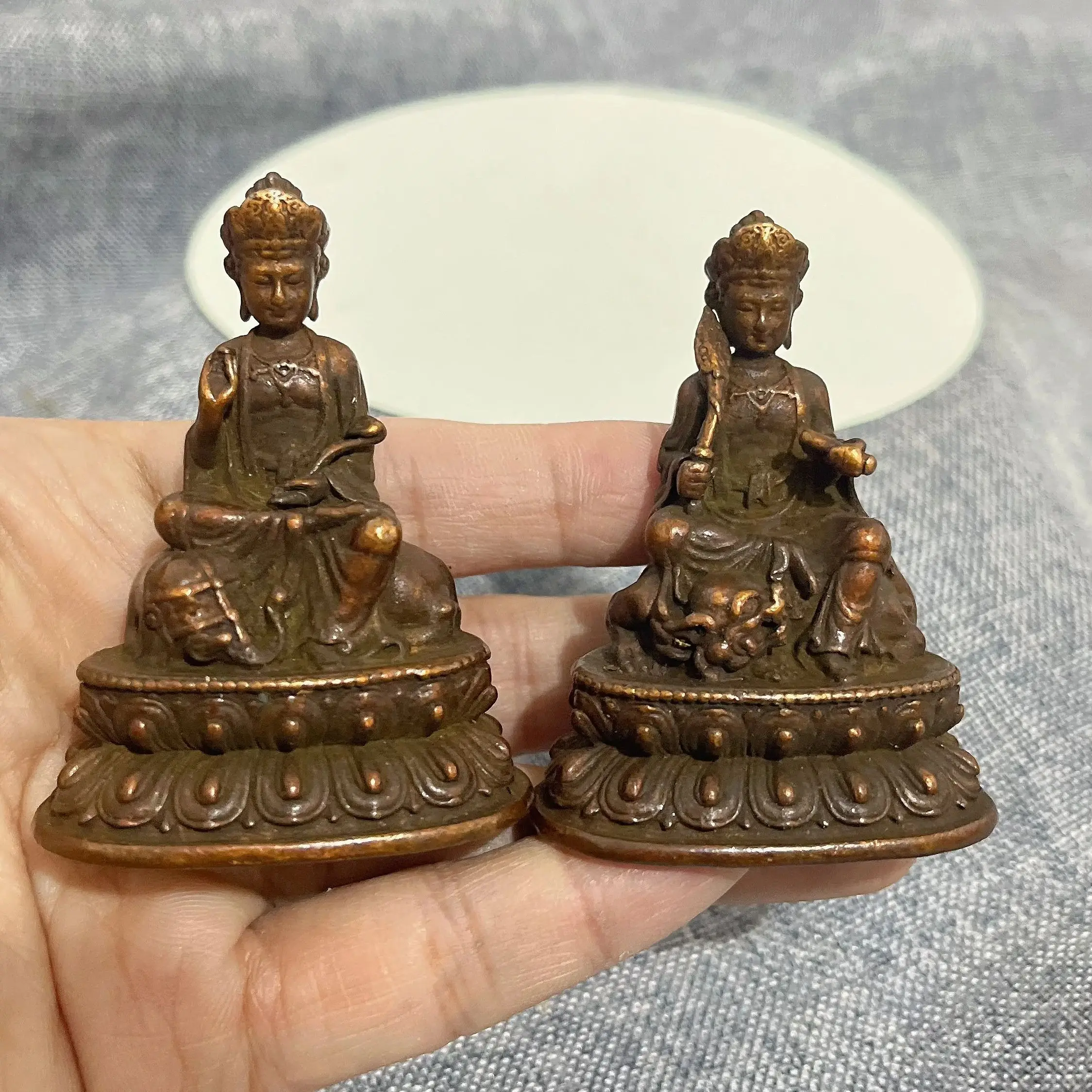 

A pair Buddhist old copper Carving small Buddha statue Samantabhadra Bodhisattva Manjusri temple buddhist family worship