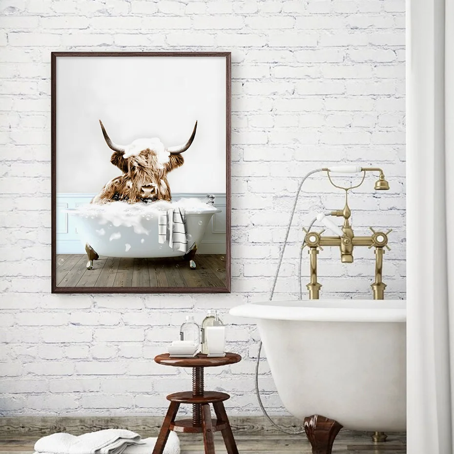 Funny Highland Cow Chimpanzee In Bathtub Toilet Poster Wall Art Canvas Painting Rustic Farm Waterproof Bathroom Toilet Decor