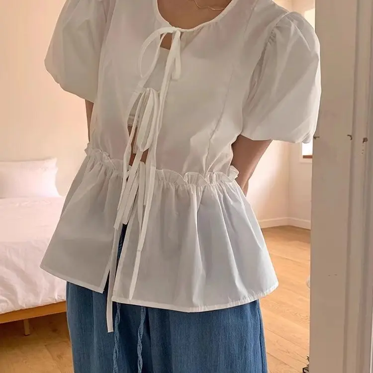 

Round Neck Lace Up Spliced Fungus Short Sleeved Shirt Blusas Mujer White Shirts & Blouses Camisas Рубашка Chemises