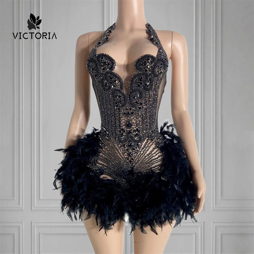 Robe de Bal de Forme Sirène avec Plumes et Strass Noirs, Tenue de Luxe Personnalisée, Col Licou, pour Occasions Formelles, 2024