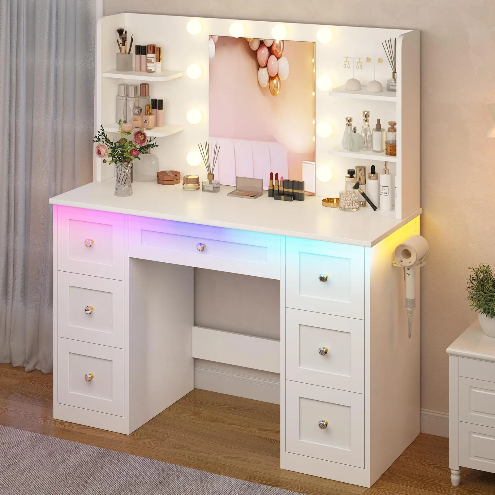White Makeup Desk with Mirror and Lights, Table with RGB LED Strip & Power Outlets, Dring Table with 7 Ders & 4 Storage