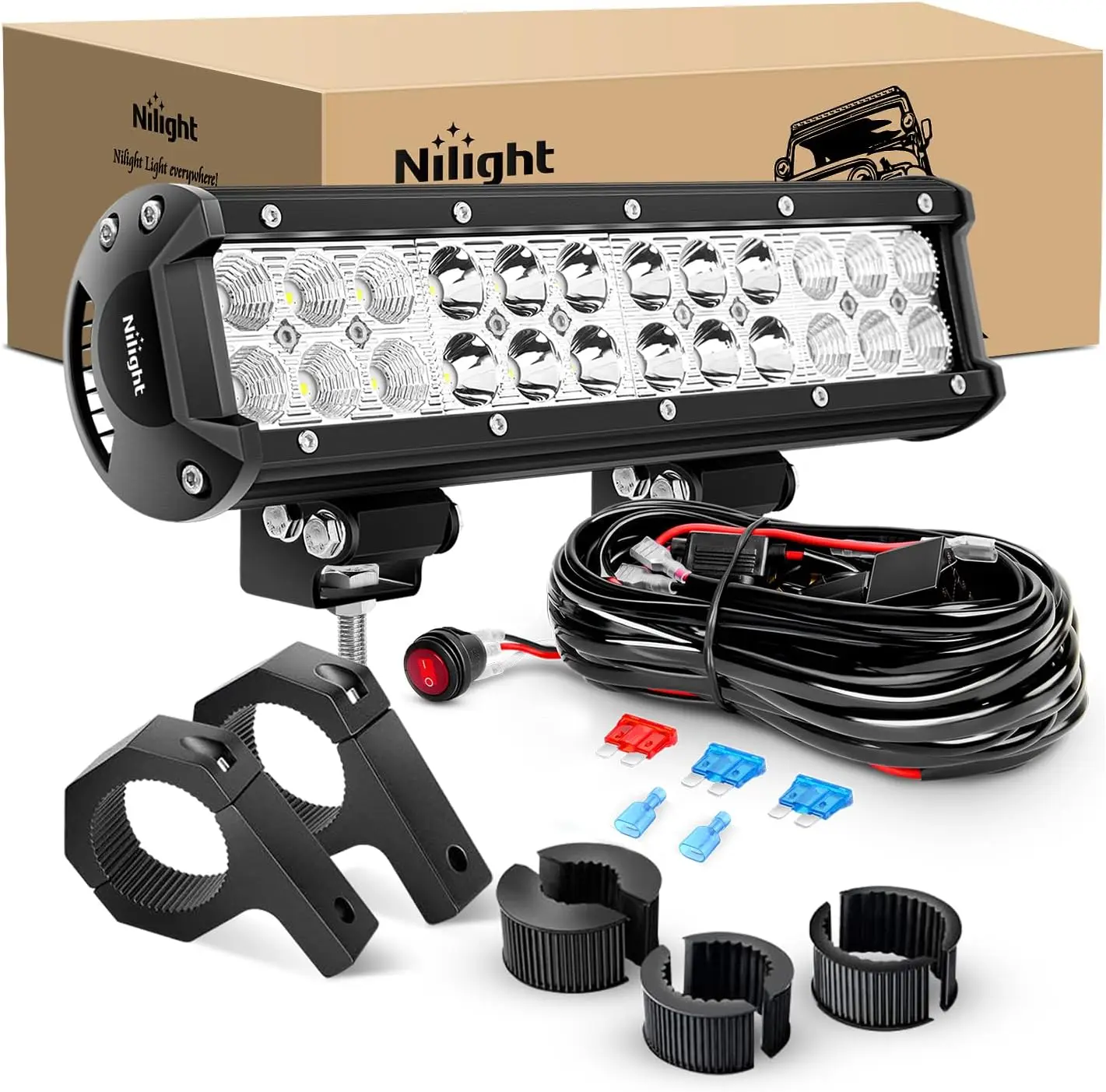 Nilight 72W LED Light Bars Spot Flood Combo Off-Road Light Mounting Bracket Horizontal Bar Tube Clamp With Off Road Wiring Harness,12 Inch