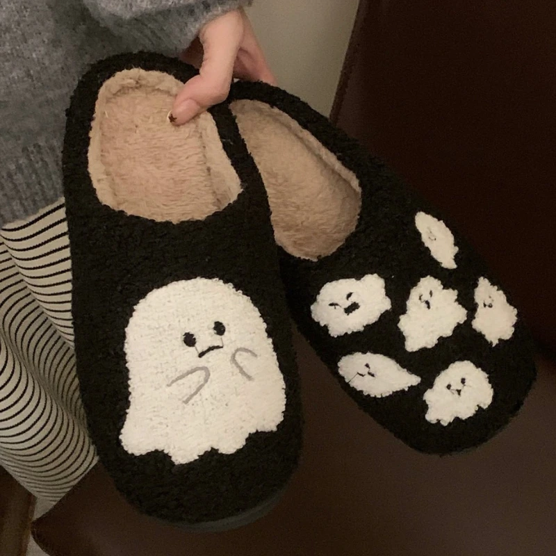 

Halloween Ghost Cotton Slippers For Women Men Winter House Floor Shoes Soft Plush Black Color Couples Indoor Home Slipper