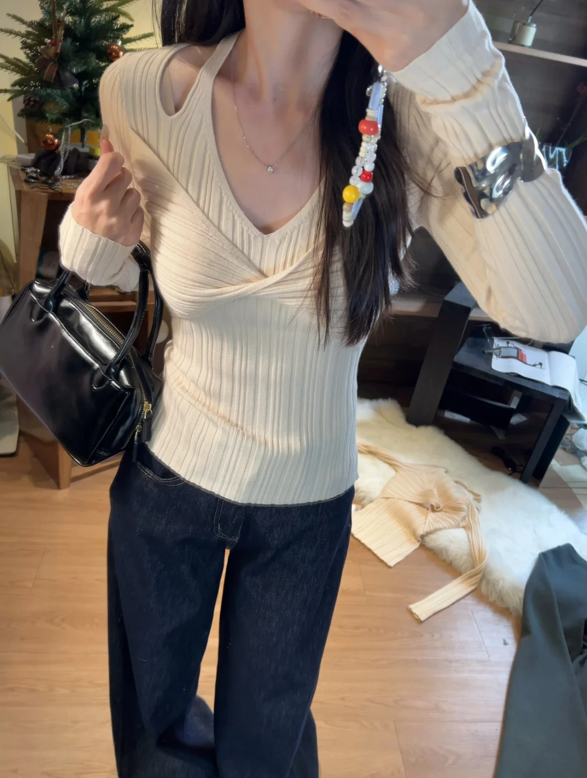 

Cherry Blossom Knitted Sweater Women's Autumn Winter V-ne Knot Neline Slim Fit Long Sve Breathable Warm Base Layer Top