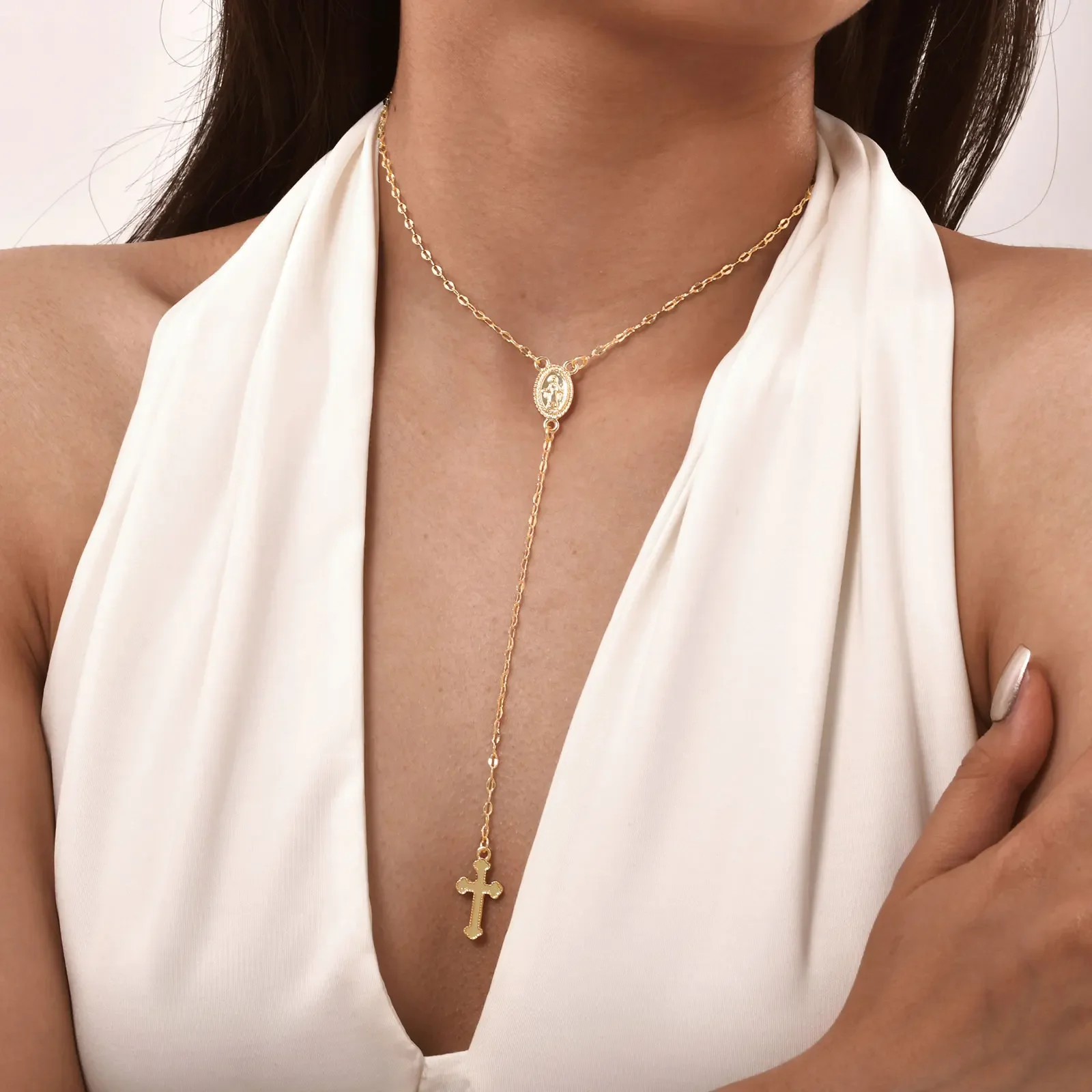 Virgin Mary Necklace Stainless Steel Gold Color Cross Pendant Vintage Long Chain Christianity Religious Prayer Jewelry For Women