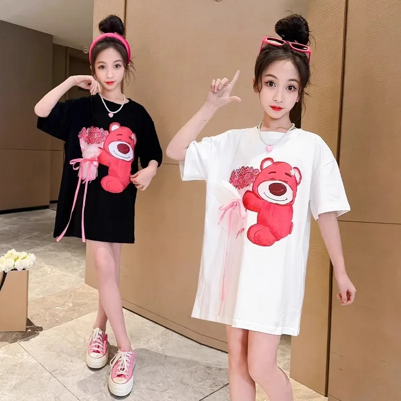 New Disney Strawberry Bear Lotso Girls Joker Casual Loose Top Large Childrens Fashionable Cartoon Long Short Sleeve T-shirt Gift