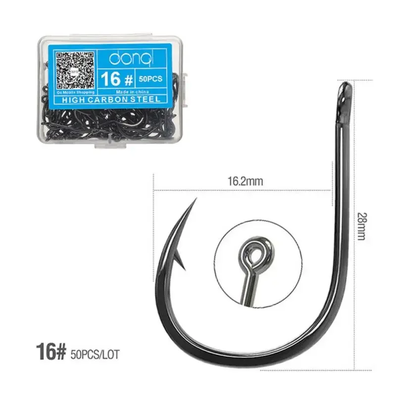 50 unids/caja de anzuelos de pesca con púas, anzuelo de carpa de un solo círculo, anzuelo de mar de acero rico en carbono, accesorios de pesca con mosca, anzuelos