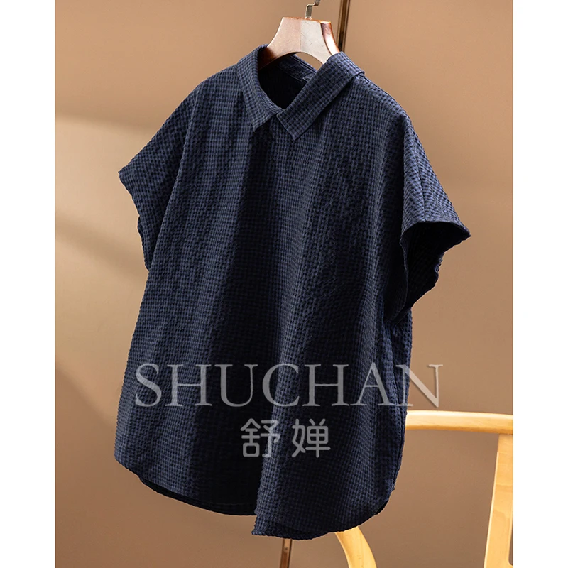 New sense of literary and artistic high-end, French texture yarn-dyed plaid with cut bat sleeve shirt women 1Y73