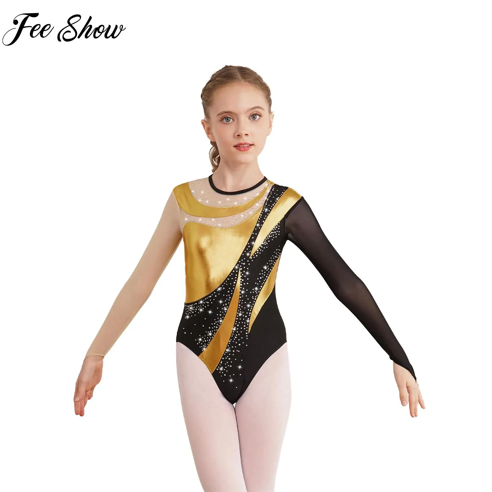 Girls Ballerina Gymnastics Leotard  Bronzing Mesh Long Sleeve Ballet costoms for competition Figure Ice Skating Jumpsuit