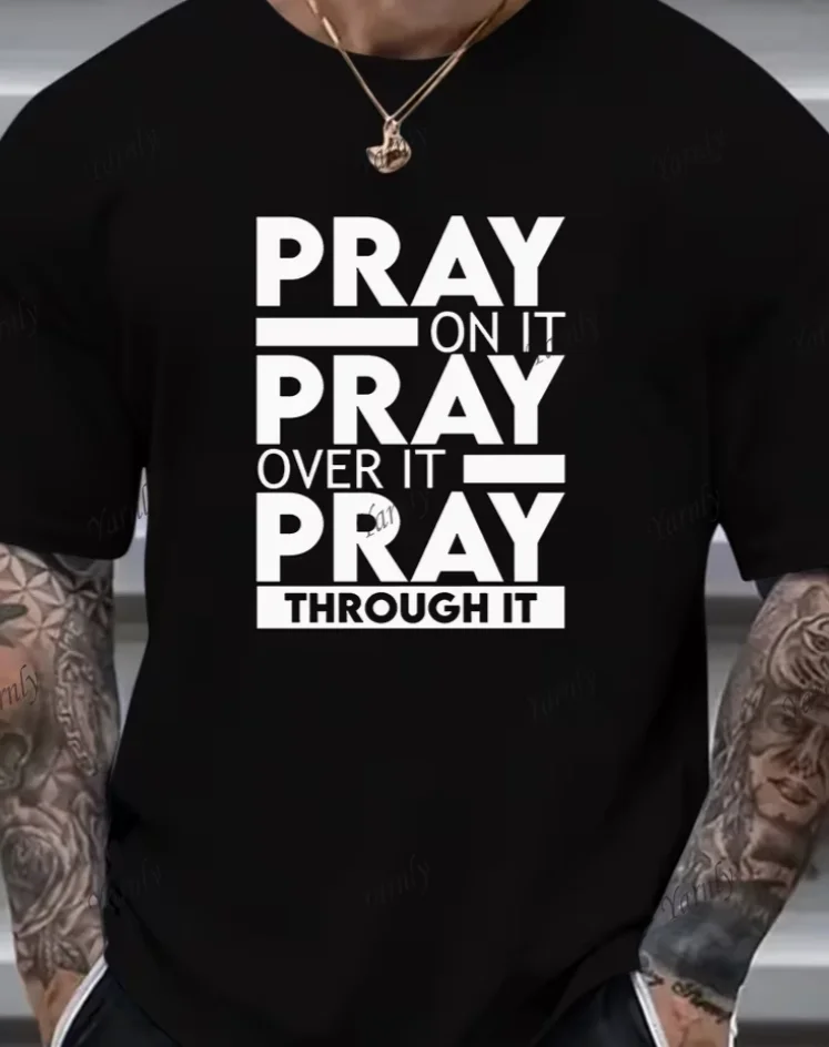 Men'S PRAY Graphic Retro Design T-Shirt Regular Fit with Round Neck Durable and Funny Tee Casual Trendy Short Sleeves for Summer
