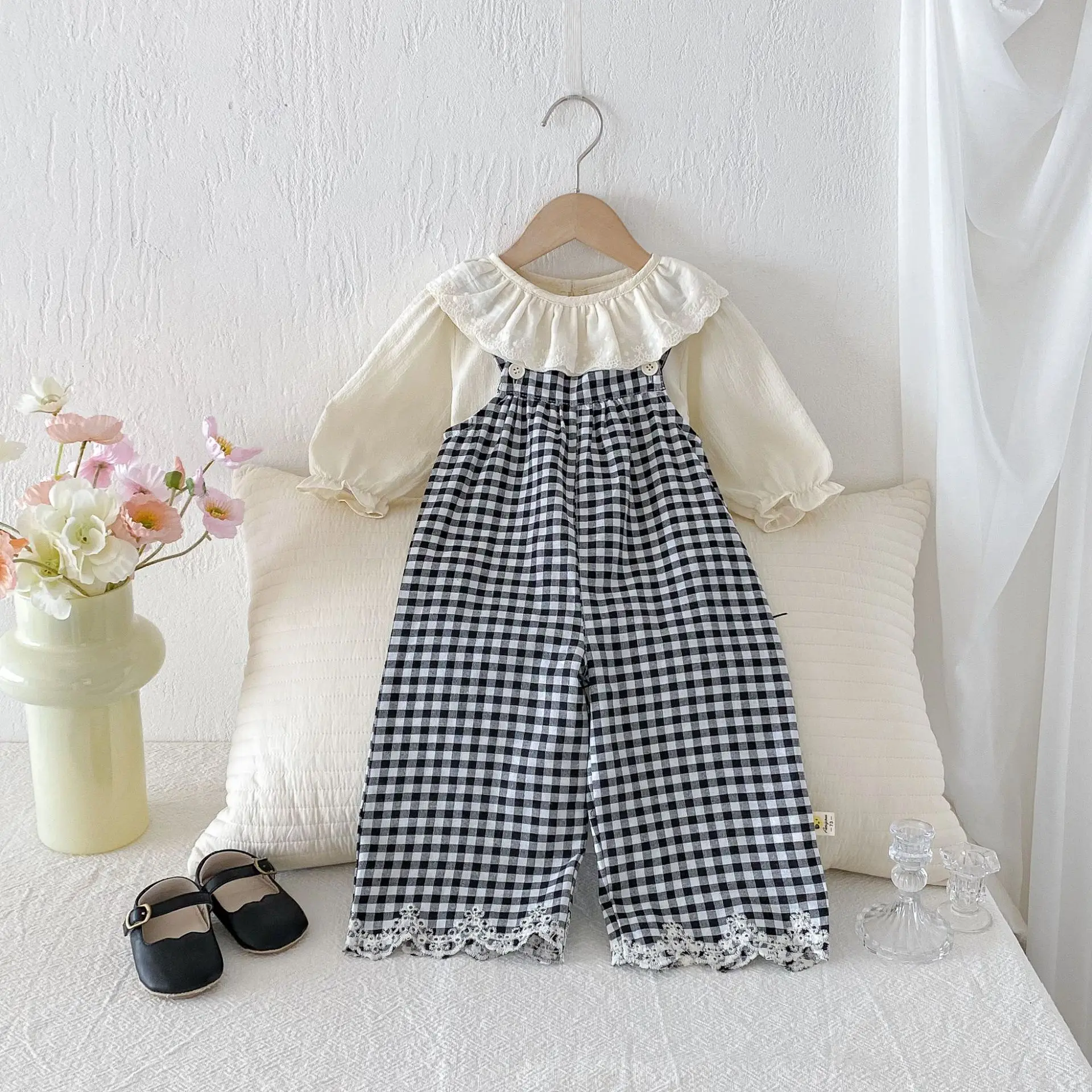Baby Girl 2026 Fall Outfit Plaid Overalls Romper Set Lapel Long Sleeve Undershirt 2Pcs Toddler Clothes